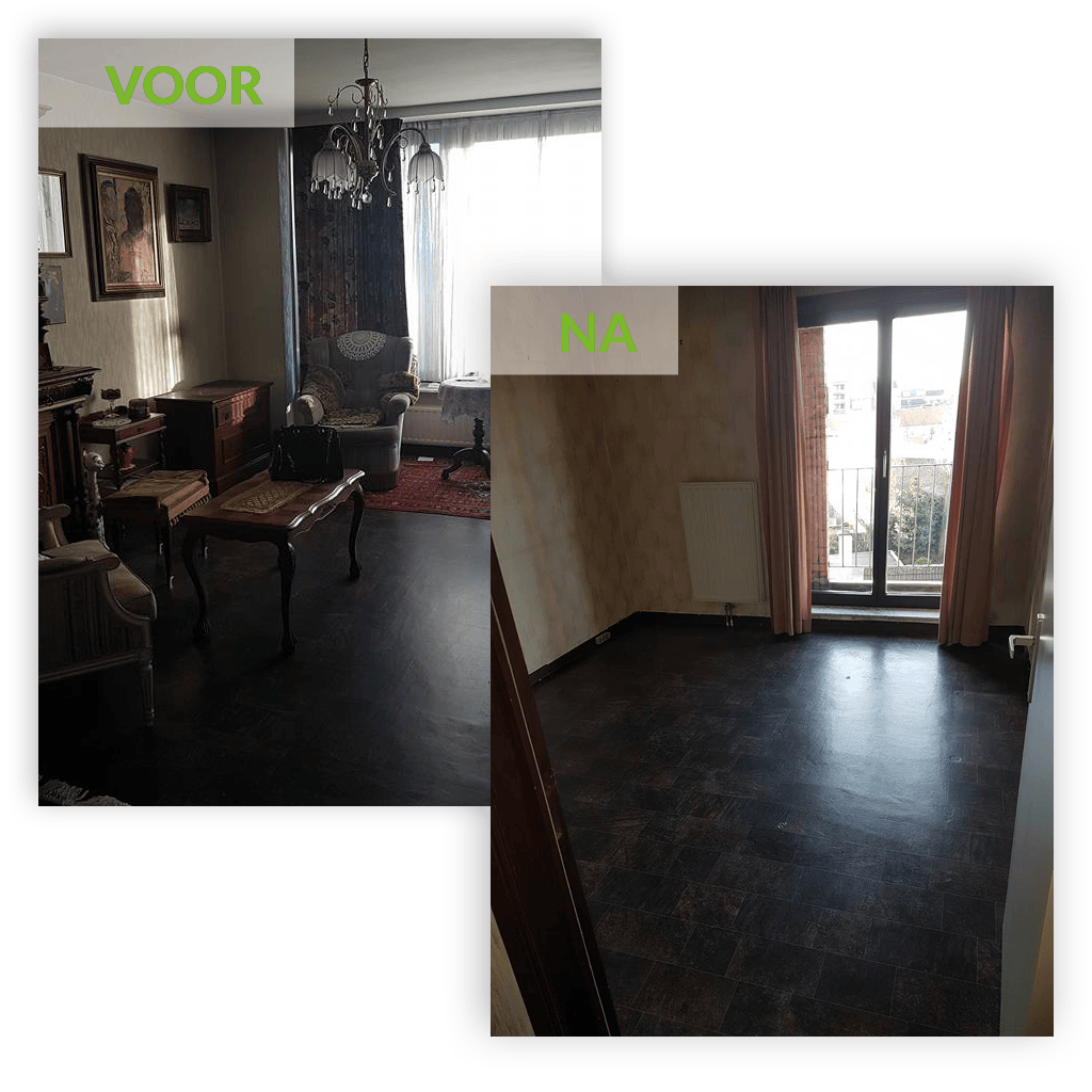 Voor en na foto van het leegruimen van living